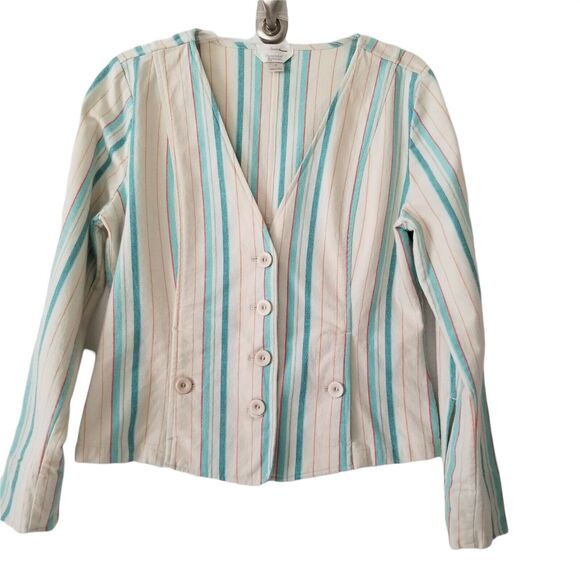 Christopher & Banks Blazer Aqua Blue & Cream Striped Stretch Pockets Small Y2K - Picture 1 of 8